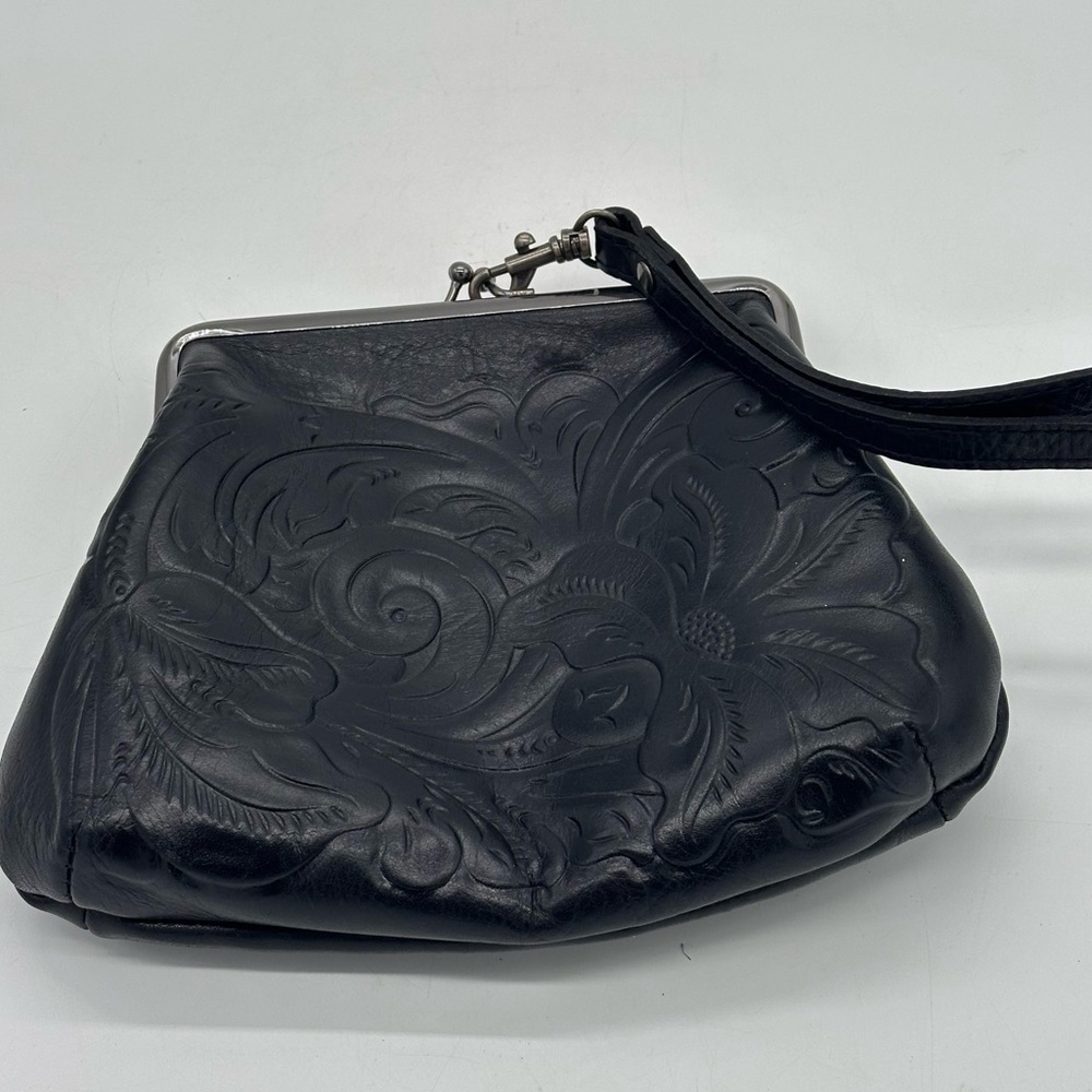Patricia Nash Black Italian Leather Tooled Snap Handbag Clutch Evening Bag